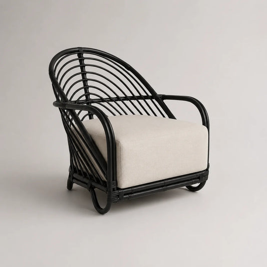 Rattansessel Schwarz mit Polyesterkissen Beige