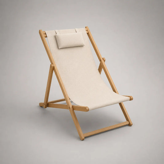 Klappbarer Holzstuhl mit Polyestergewebe und Kissen, Beige