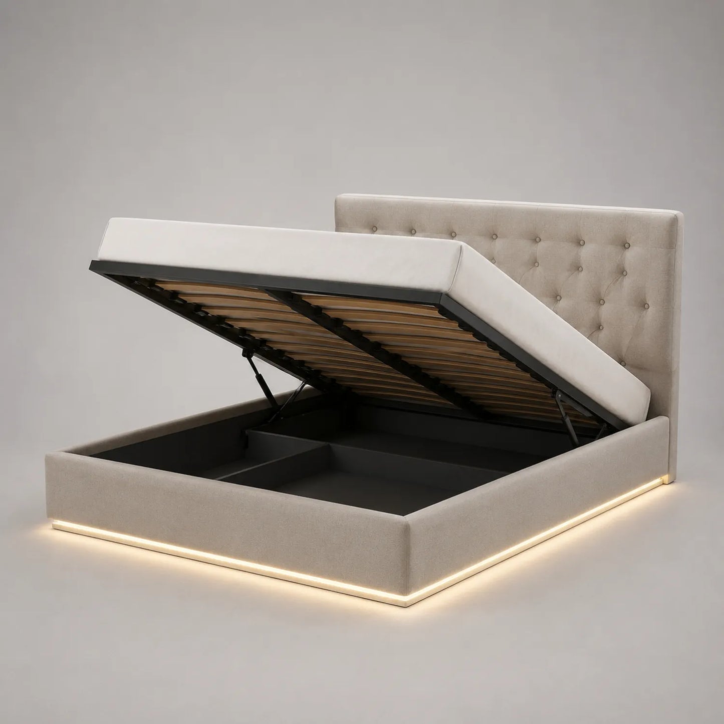 Stoff-Doppelbett mit Stauraum und LED Licht Beige 160x200 cm