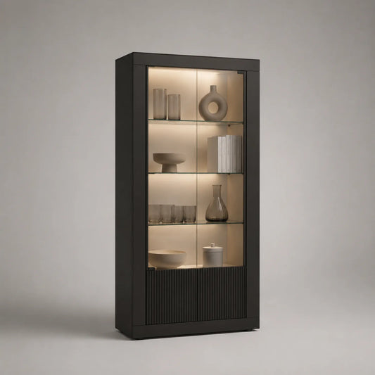 Vitrinenschrank mit gehärtetem Glas und MDF-Rahmen, Schwarz, 180cm