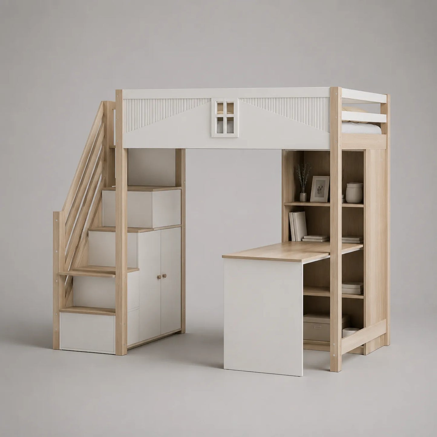 Hochbett mit Schreibtisch und Treppe aus MDF und Kiefernholz