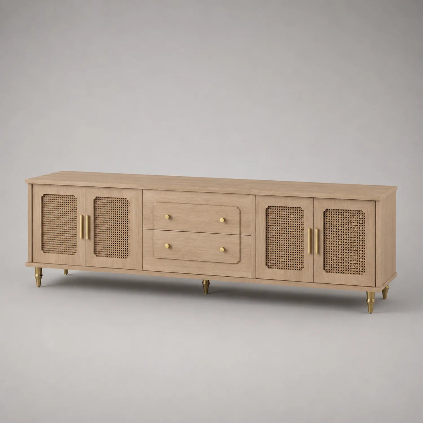 TV-Lowboard Eiche Holz mit Messinggriffen und Rattanfronten