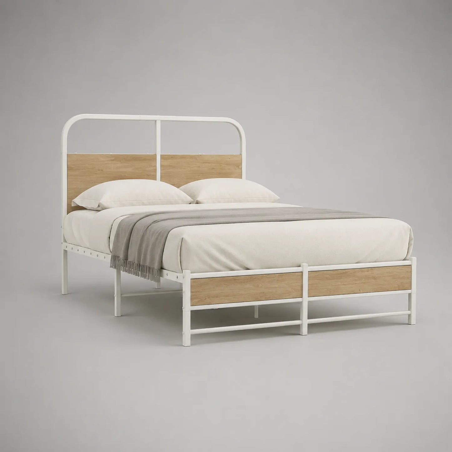 Metallbettgestell Doppelbett Stahl und Holzfurnier 200x140cm Weiß/Natur