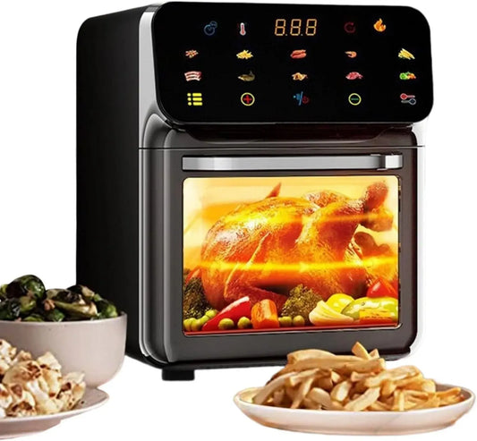 Heißluftfritteuse, 15 L, 0 bis 200 °C, elektrische Fritteuse ohne Öl, Air Fryer Toaster Ofen Kombi 15L Familiengröße 2 Roste 0°C–200°C
