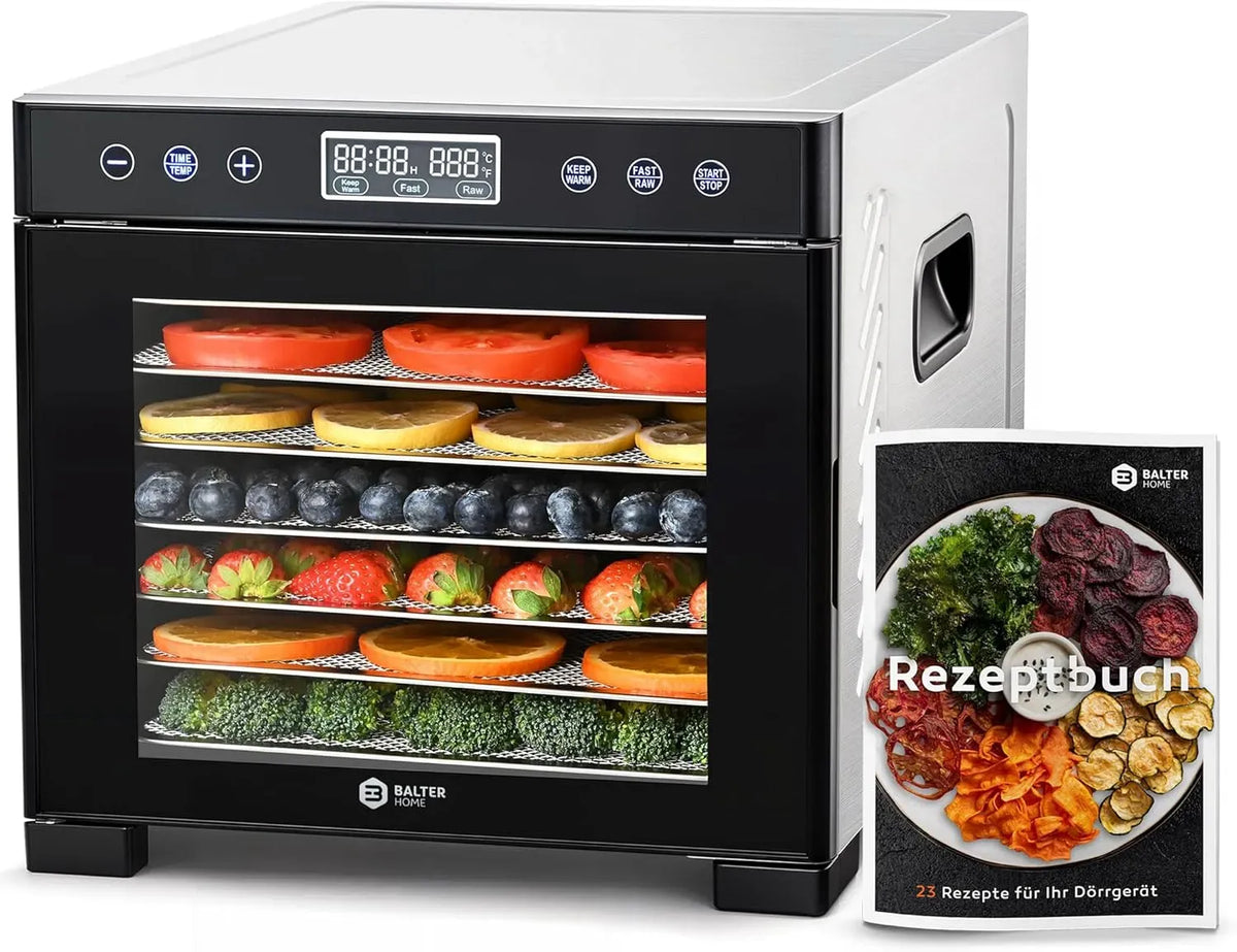 Wäschetrockner, 600 W, 35 bis 75 °C, Timer, Warmhaltefunktion, Edelstahl, Timer bis 48 Std, Balter Dörrautomat Edelstahl, Dörrapparat, BPA-frei