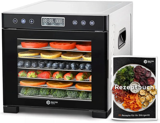 Wäschetrockner, 600 W, 35 bis 75 °C, Timer, Warmhaltefunktion, Edelstahl, Timer bis 48 Std, Balter Dörrautomat Edelstahl, Dörrapparat, BPA-frei