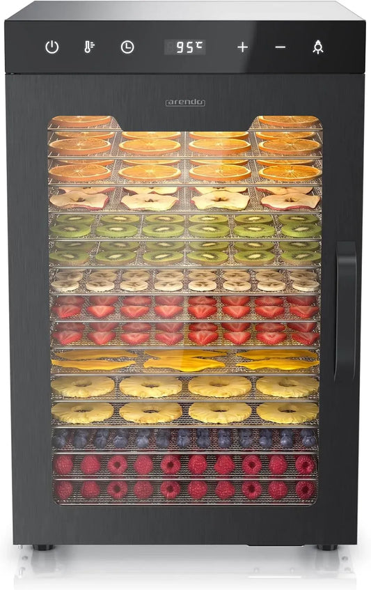 Wäschetrockner, 1000 W, 8 Programme, Touch-Bedienung, Edelstahl, Dörrautomat Edelstahl mit 16 Edelstahlgitter, LED Touch Control, 13400 cm²