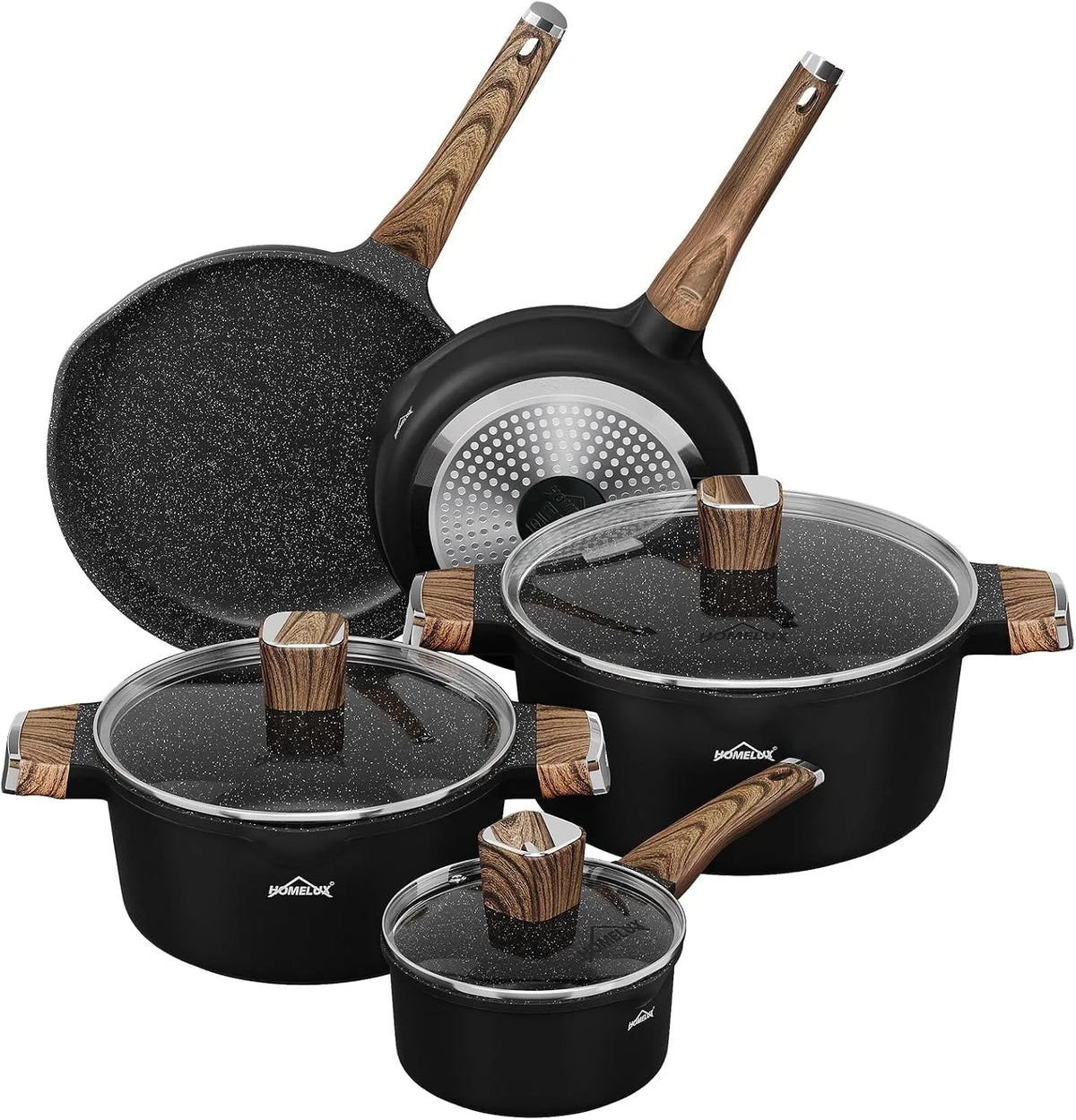 Kochgeschirr, 28cm, HOMELUX 8-tlg. 24/28cm, Antihaftbeschichtung, Milchtopf 16cm, PFOA & PFOS-freie