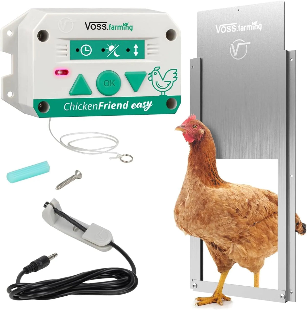 farming Set ChickenFriend Easy automatische Hühnertür inklusive Hühnerklappe 220 x 330mm, VOSS, Türöffner für Hühnerstall