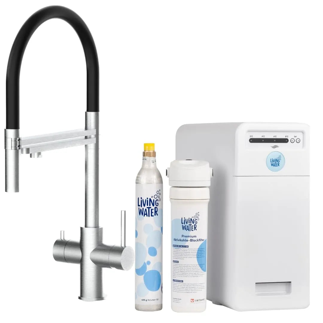 Küchenarmatur 5-Wege-Edelstahl-Armatur, Spültischarmatur und Wasserhahn, Living Water Sprudel-Wasserhahn mit Kohlensäure