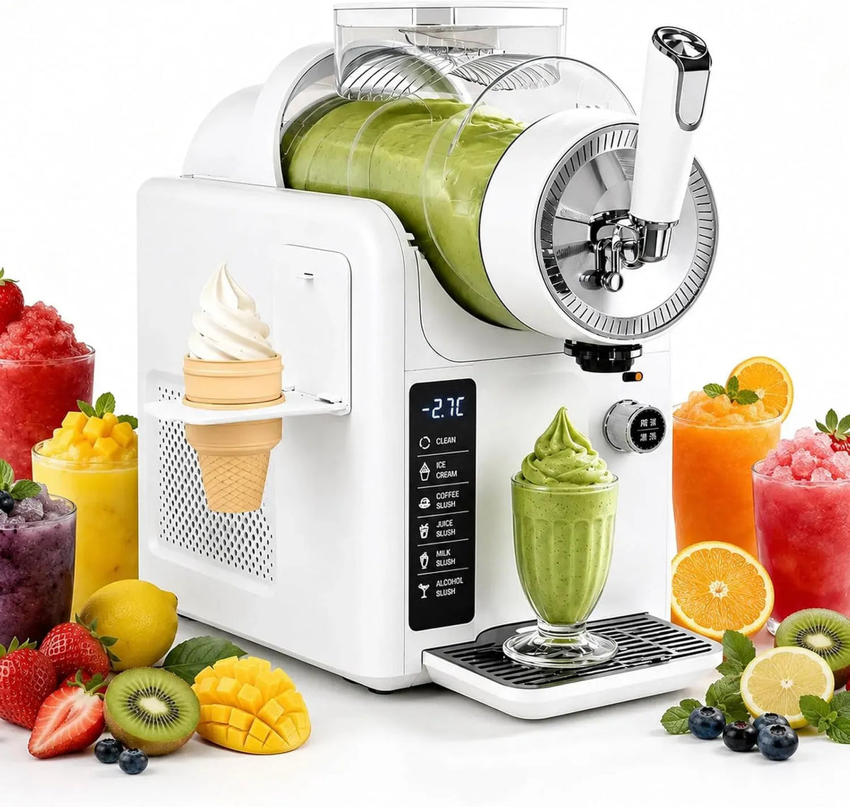Slushie Maker, Slush-Eis-Maschine, Tisch-Eismaschine, Softeismaschine, Behälter, Speiseeismaschine, Slush-Eisbereiter, 2 L, 5 Programmen, Weiß