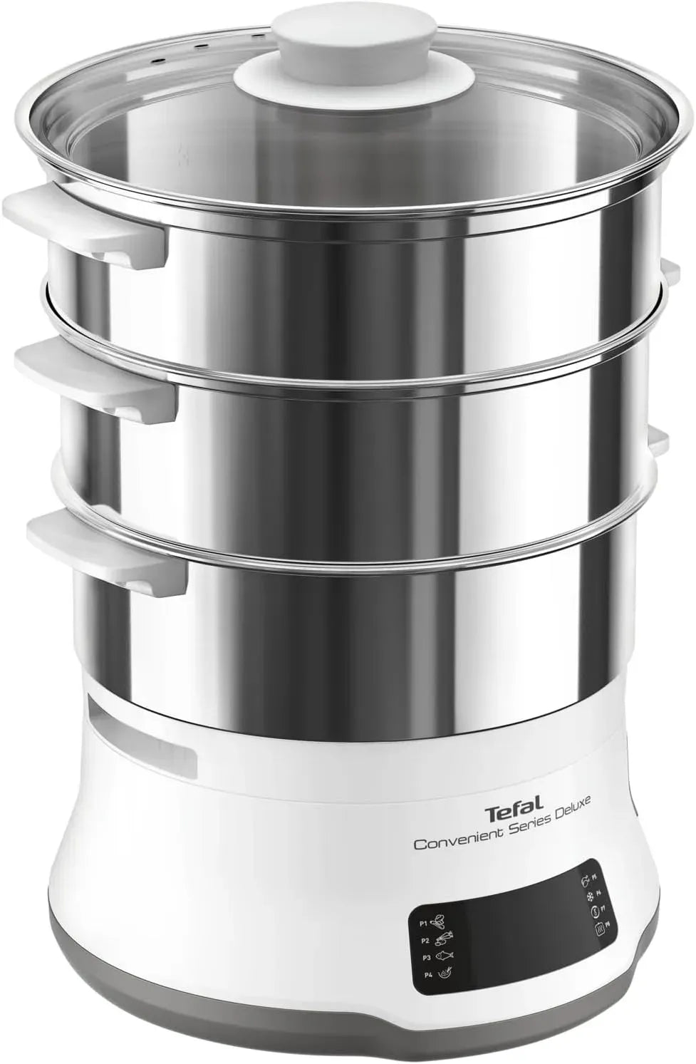 Tefal VC502D Dampfgarer, Behälter, 8 Programme, Touch-Bedienung, 3 Ebenen, Edelstahl, Weiß