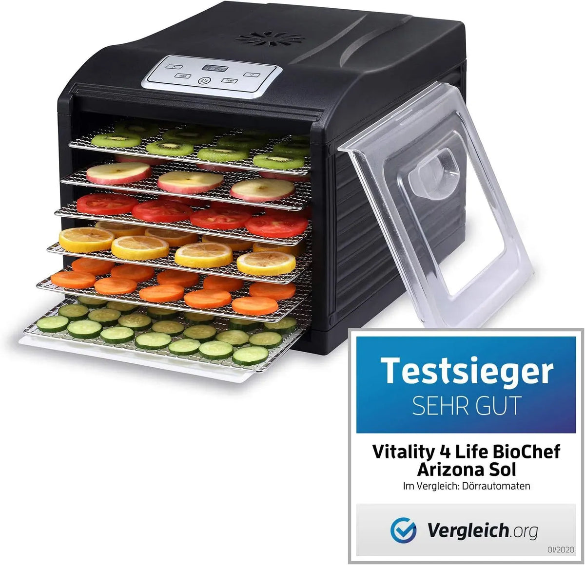 Dörrautomat/Dörrgerät, Einlegematte, Lebensmitteltrockner, Timer, Thermostat, Edelstahl, Schwarz