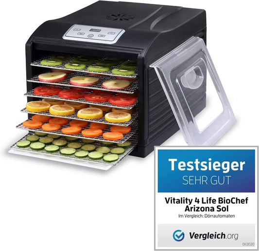 Dörrautomat/Dörrgerät, Einlegematte, Lebensmitteltrockner, Timer, Thermostat, Edelstahl, Schwarz