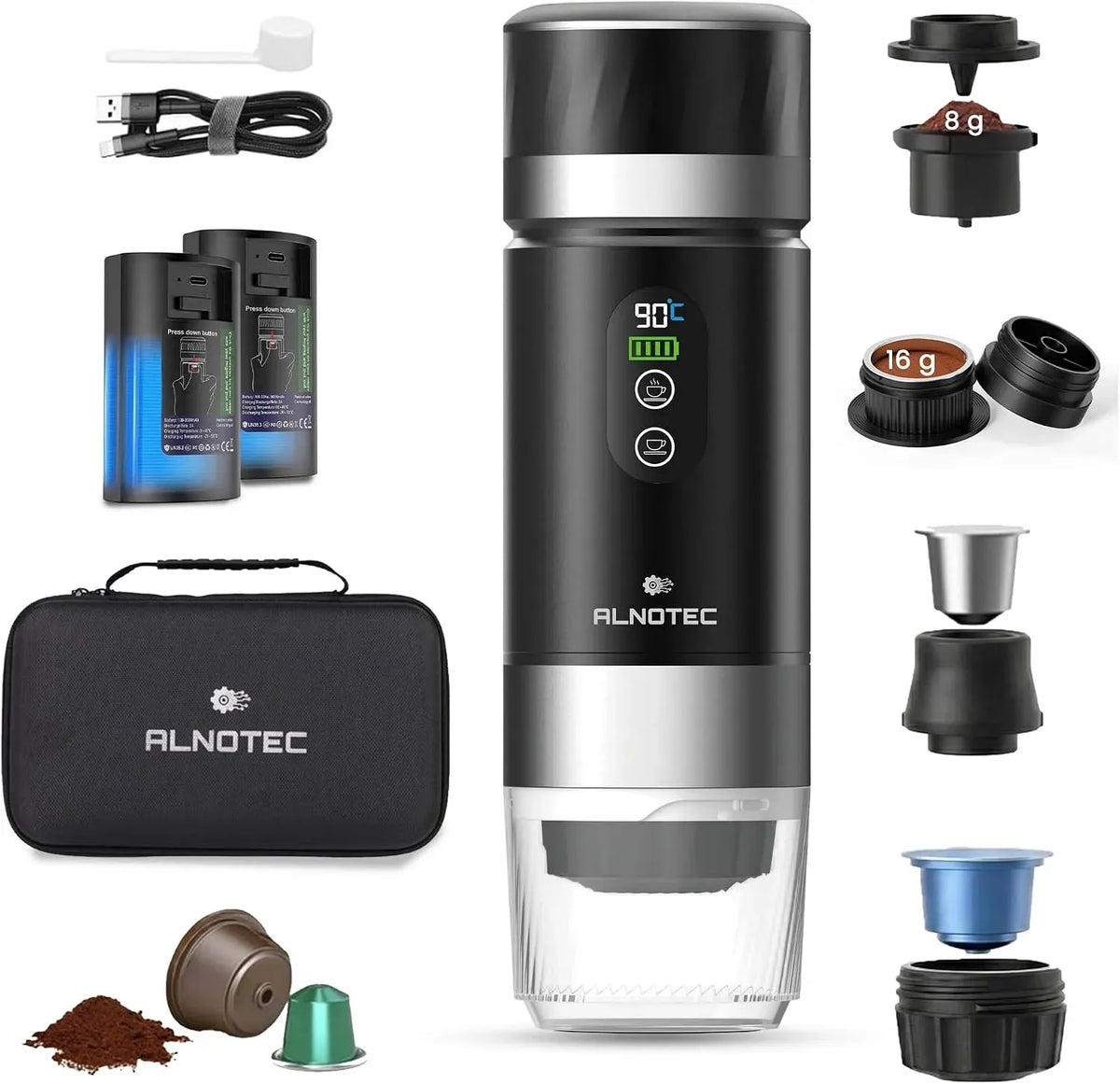 Espressomaschine, tragbar, 20 bar, 2 abnehmbare Batterien, tragbare Kaffeemaschine, DG & gemahlenem Kaffee, wiederaufladbar
