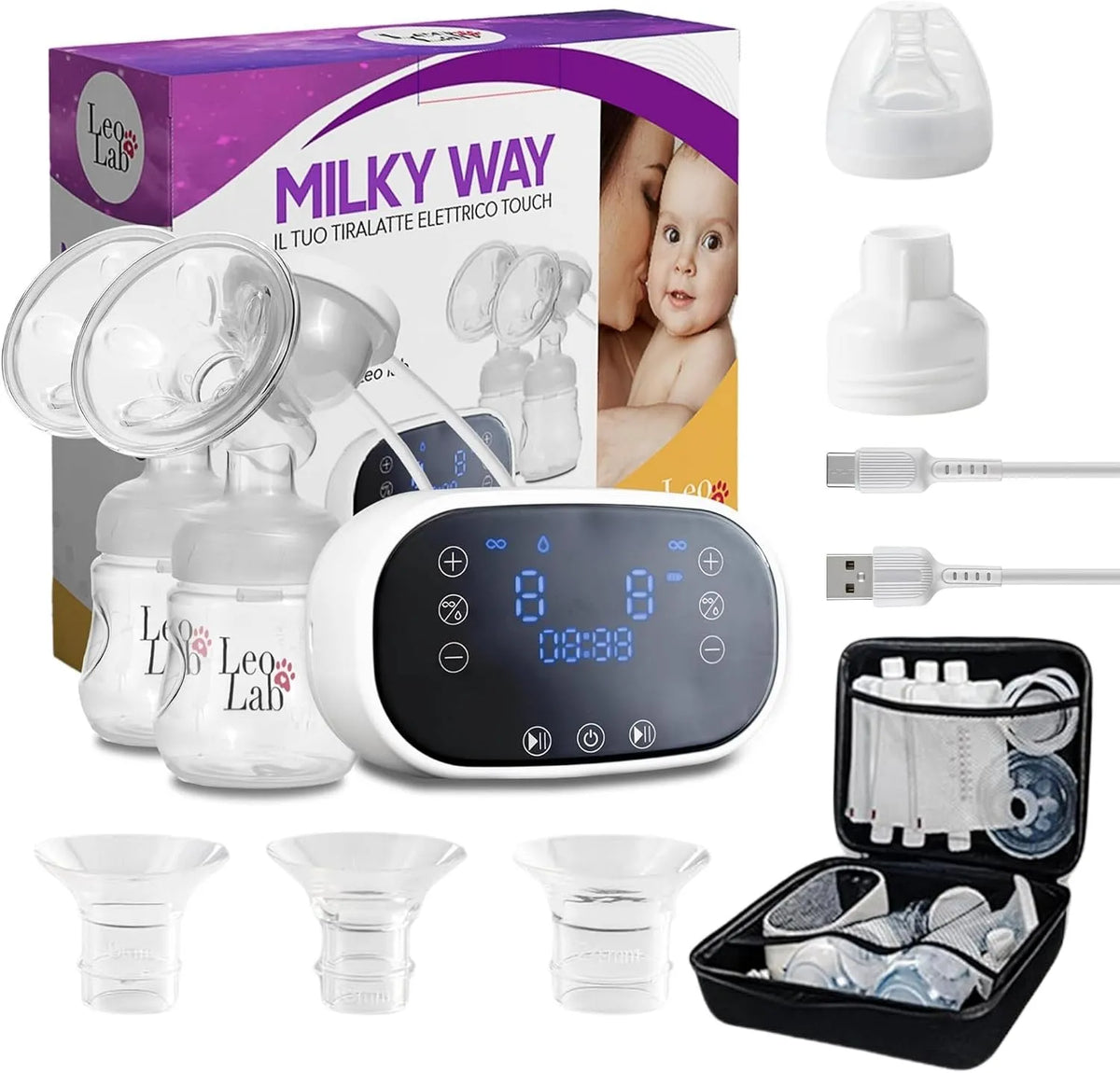 Milchpumpe, 2 Flaschen, elektrische Stillpumpe, leise, leise und lange Akkulaufzeit, 10 Milchbeutel, 9 Stufen